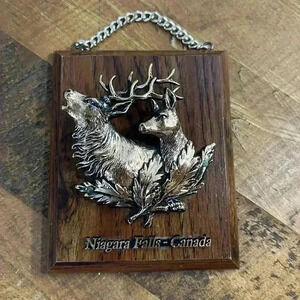 Vintage A&J Faux Copper & Wood 3D Elk Pair  Wall Plaque Made in Canada Cabin 5x4